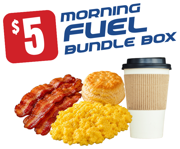 $5 Morning Fuel Bundle Box: bacon, scrambled eggs, a biscuit, and a hot coffee